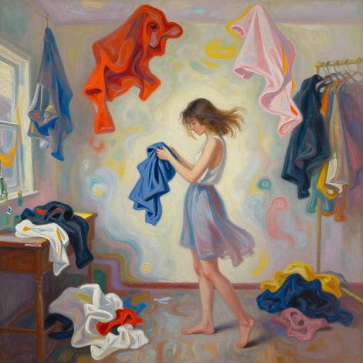 Impressionist-style painting of a barefoot girl in a blue dress, sorting laundry amidst colorful clothes floating in a sunlit room.