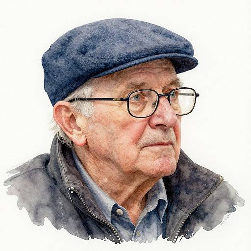 Photorealistic portrait of an elderly white man with glasses, blue flat cap, and gray jacket, gazing to the right.