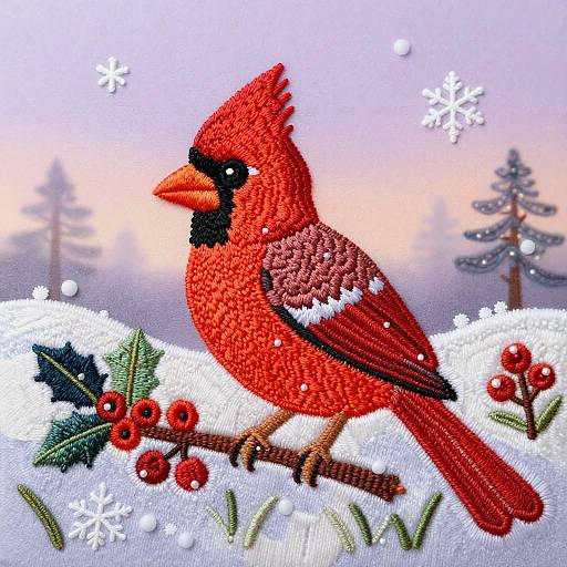 Digital embroidery-style image of a vibrant red cardinal with black facial markings, perched on a snow-covered branch with holly and berries. Background features softly