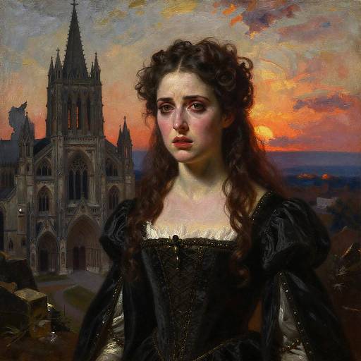 Digital painting of a pale-skinned, dark-haired woman in a black lace dress, standing before a Gothic cathedral at sunset.