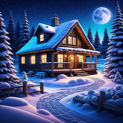 Cozy Winter Cabin with Snowman Under Stars Cozy Winter Cabin with Snowman Under Stars