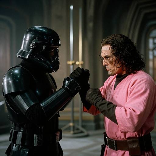 Photograph of Han Solo in pink robe and black gloves, facing Darth Vader in black armor, in a dimly lit, industrial interior.