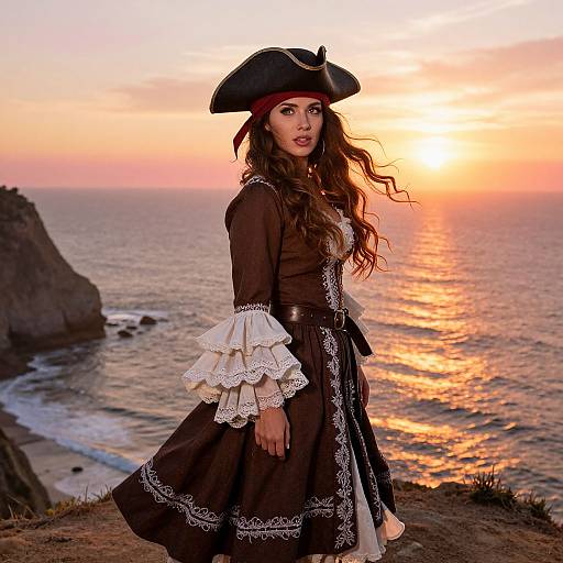 Photograph of a beautiful woman with long brown hair, wearing a black pirate hat and brown lace-trimmed dress, standing at sunset on a rocky