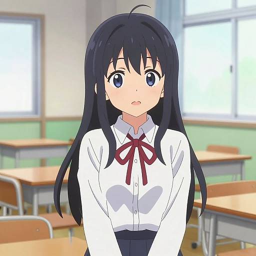 Anime-style drawing of a surprised girl with long black hair, wearing a white shirt with a red ribbon, in a sunlit classroom.