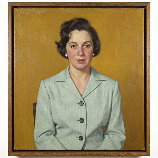 Portrait painting of a middle-aged woman with short dark hair, wearing a light green jacket, black buttons, and pearl earrings, against a yellow-brown