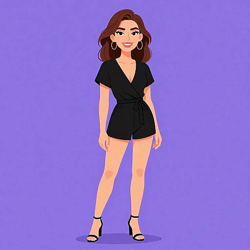 Digital drawing of a smiling woman with brown hair, wearing a black V-neck romper, high heels, and hoop earrings, against a solid purple background