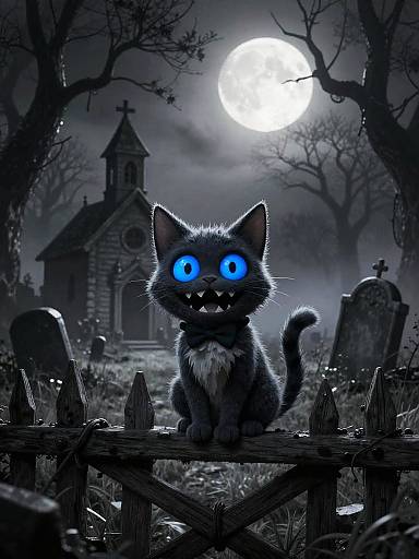 Spooky Stylized Cat in Graveyard