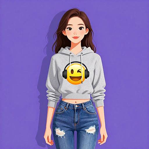 Casual Woman in Graphic Hoodie and Jeans