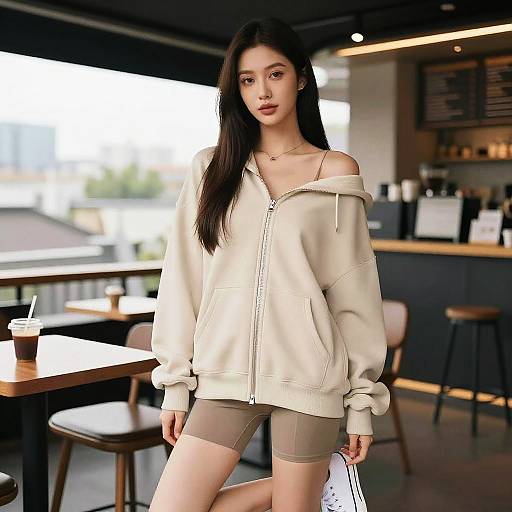 Slim Woman in Beige Hoodie at Coffee Bar