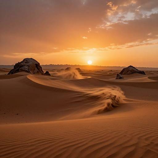 Photograph of a desert sunset with golden-orange sky, sun low on horizon, wind blowing over rippled sand dunes, and two rocky outc