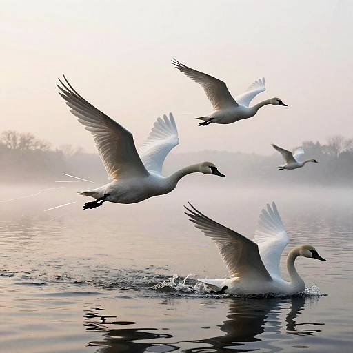 Swans Taking Off Over Misty Lake at Dawn
