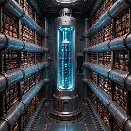 Photograph of a futuristic library with glowing blue vertical cylinder containing a lit central light fixture, flanked by book-filled shelves and metallic pipes.