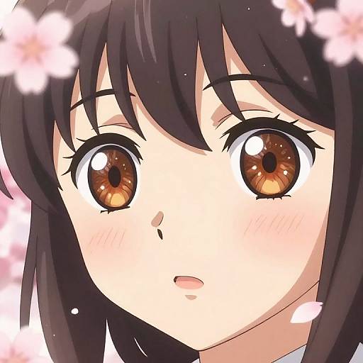 Anime-style digital drawing of a young girl with large, brown, reflective eyes and dark brown hair, surrounded by pink cherry blossom petals. Her expression is
