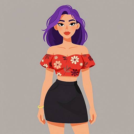 Digital illustration of a woman with purple hair, wearing a red off-shoulder floral top and black skirt, gray background.