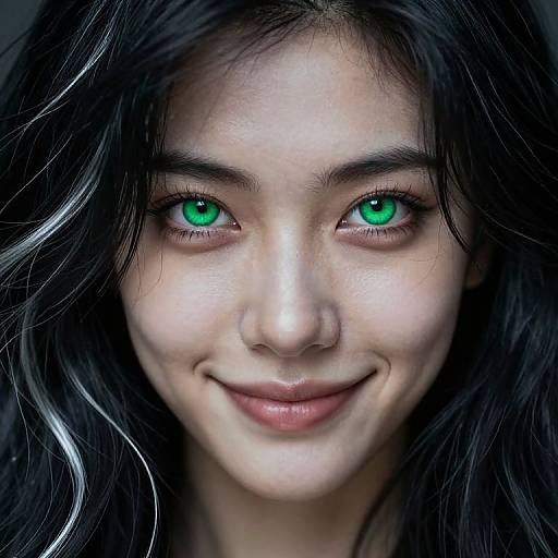 Close-up photograph of a young woman with striking green eyes, fair skin, and long black hair with white highlights. She smiles subtly, exuding a