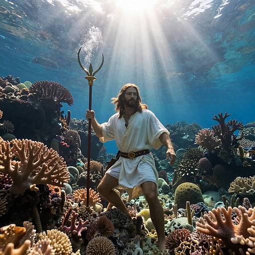 Photograph of a bearded man with long hair in a white robe, holding a trident, standing amidst colorful coral reefs underwater, illuminated by bright