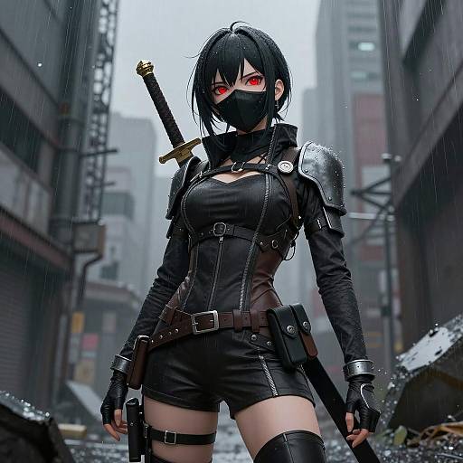 Anime Woman with Sword in Rainy Urban Setting