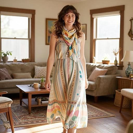 Energetic Woman in Bohemian Living Room