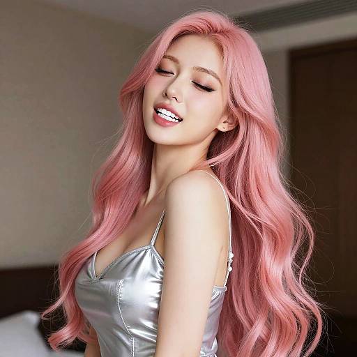 Photograph of a young woman with long, wavy pink hair, wearing a shiny silver crop top, smiling with eyes closed, in a softly lit