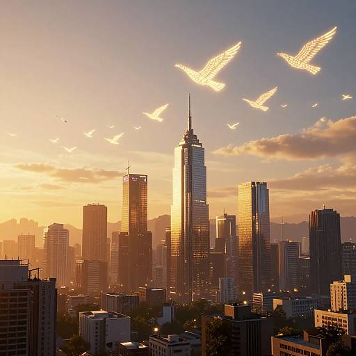 Photograph of a city skyline at sunset with golden sunlight, illuminated birds in flight, and tall skyscrapers casting long shadows.