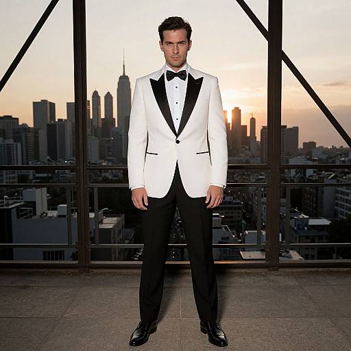 Photograph of a man in a white tuxedo with black lapels and bow tie, standing in front of a city skyline at sunset through large