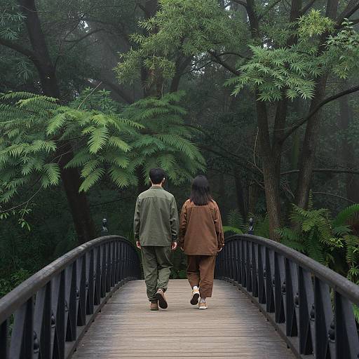 Serene Walk on a Misty Forest Bridge