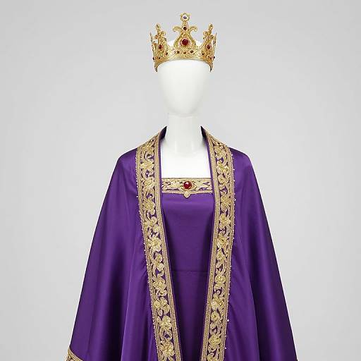 Photograph of a white mannequin head wearing a royal purple robe with gold embroidery and a gold crown adorned with red gems.