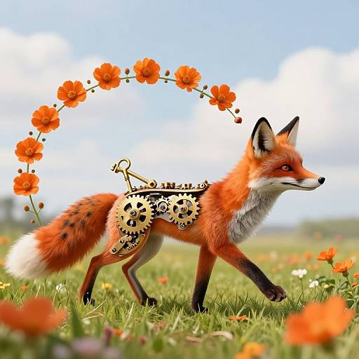 Mechanical Fox in Vibrant Meadow