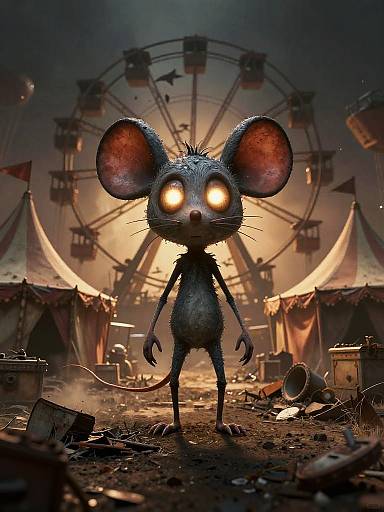 CGI image of a creepy, glowing-eyed, anthropomorphic mouse with spiky fur standing in a dark, abandoned carnival with a Ferris wheel and