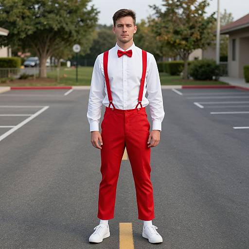 Photograph of a young man in a white shirt, red bow tie, red suspenders, red pants, and white sneakers, standing in an empty