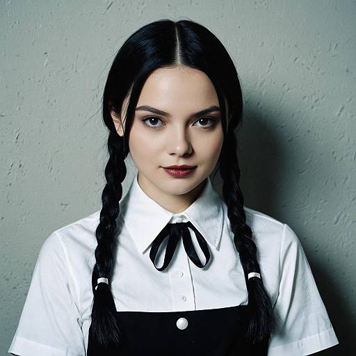 Photograph of a young woman with pale skin, dark braided hair, red lipstick, wearing a white shirt with black ribbon and black apron,