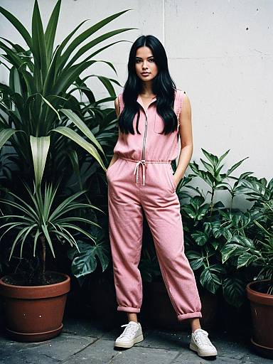 Realistic Black-Haired Girl in Pink Jumpsuit