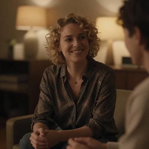 Cozy Conversation: Smiling Blonde Woman