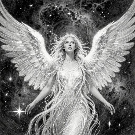 Digital art of a luminous, ethereal angel with long flowing hair, white wings, and glowing dress, set against a starry, cosmic background