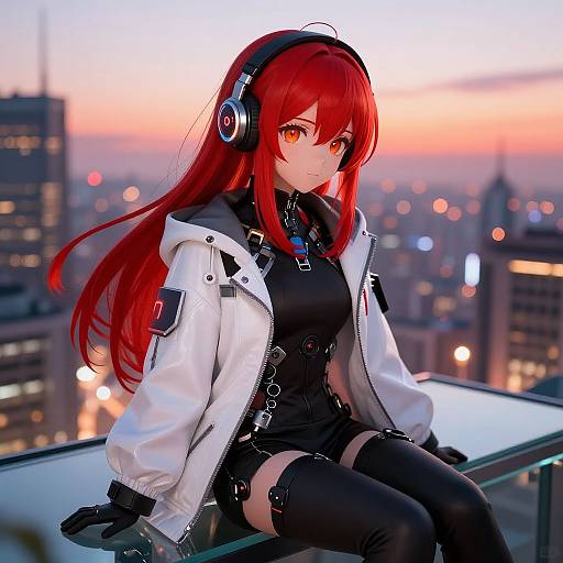 Digital anime-style artwork of a red-haired woman with headphones, white jacket, black dress, and thigh-high stockings, seated on a balcony at sunset,