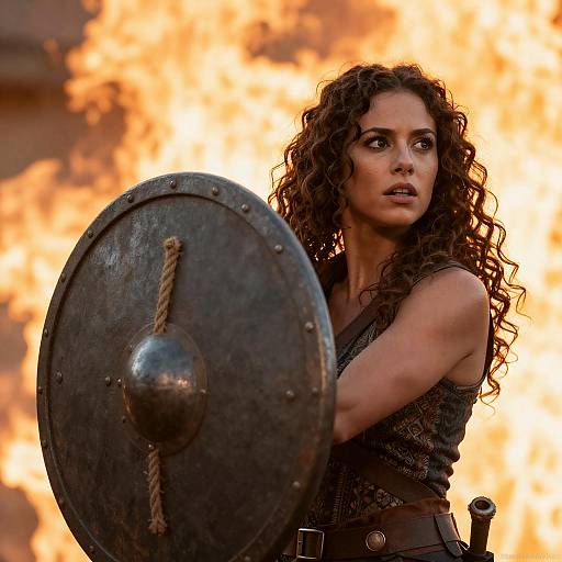 Dramatic Woman with Rope Shield in Flames