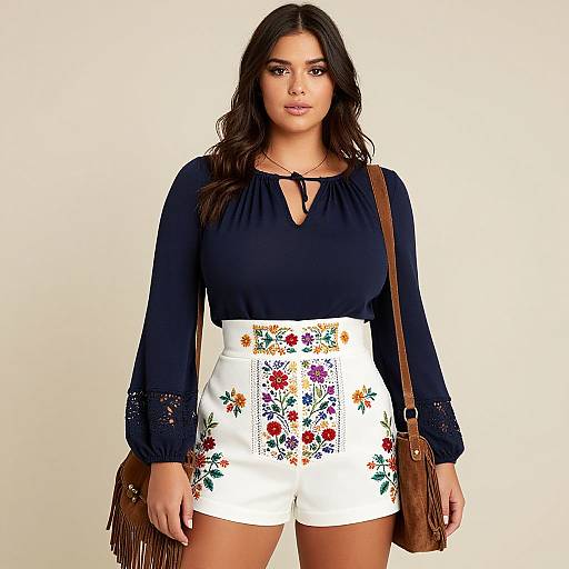 Photograph of a brunette woman with wavy hair, wearing a navy long-sleeve top and white high-waisted floral shorts, brown fringe