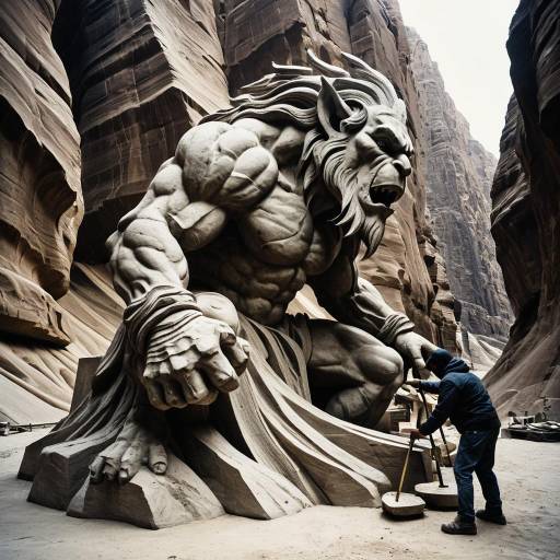 Surreal Troll Sculptor and Giant Griffin Statue