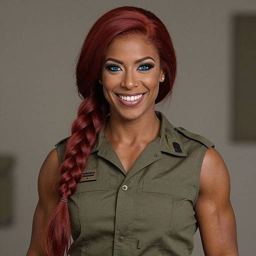Photograph of a smiling black woman with vibrant red braided hair, blue eyes, wearing a sleeveless olive green military-style shirt.