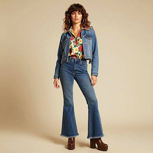 Photograph of a curly-haired woman in a blue denim jacket, floral shirt, high-waisted flared jeans, and brown platform boots, standing
