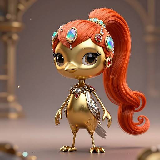 Digital CGI of a golden, cute bird-like character with large eyes, red ponytail adorned with colorful gems, standing in a blurred, arched background