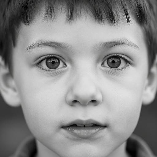 Close-up black-and-white photograph of a young boy with short dark hair, large expressive eyes, and a neutral expression.