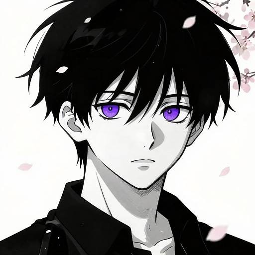 Digital anime-style drawing of a young man with black, spiky hair, purple eyes, and a serious expression, wearing a black shirt, against a
