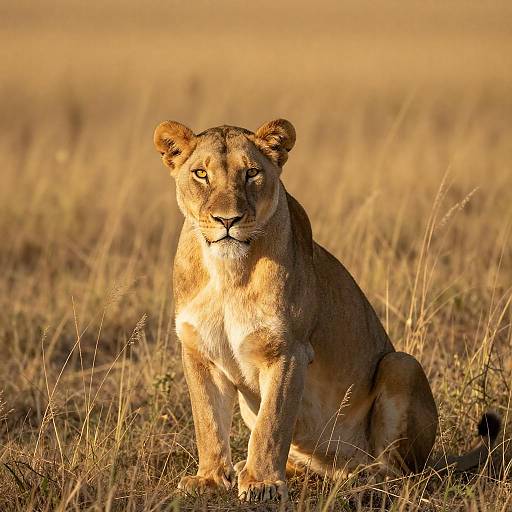 Solitary Lioness in Golden Grassy Field