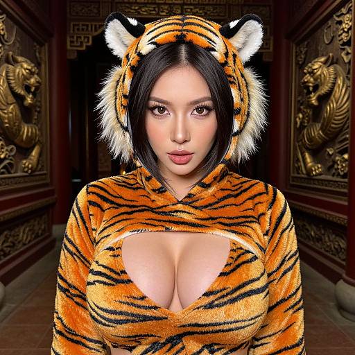 Photorealistic digital art of a young Asian woman with black hair, wearing a tiger-themed hooded outfit with large cleavage, standing in an orn