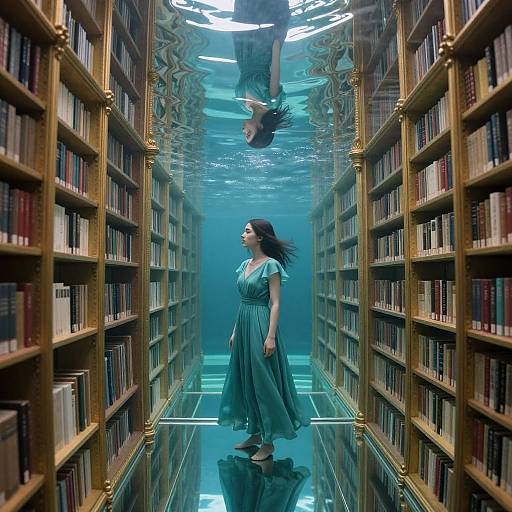 Photograph-like digital art: A woman in a teal dress stands in a narrow, underwater library aisle with mirrored ceiling, reflecting her upside-down image between