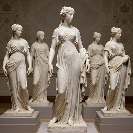 Photograph of five classical white marble statues of robed women standing in a museum, each with detailed drapery and serene expressions.