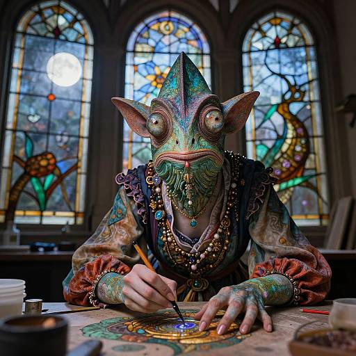 Photograph of a colorful, intricate lizard-like creature with pointed ears, wearing jewelry, painting on a table in a stained glass-lit room.