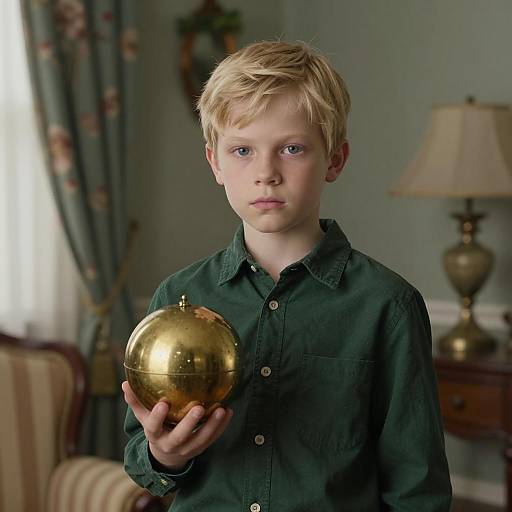 Young Boy with Brass Orb in Dim Room