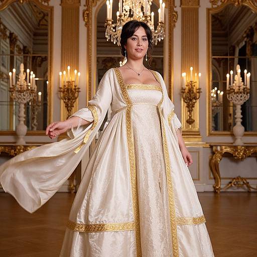 Photograph of a fair-skinned woman with dark hair in an elegant, gold-trimmed, cream-colored medieval-style gown, standing in an op